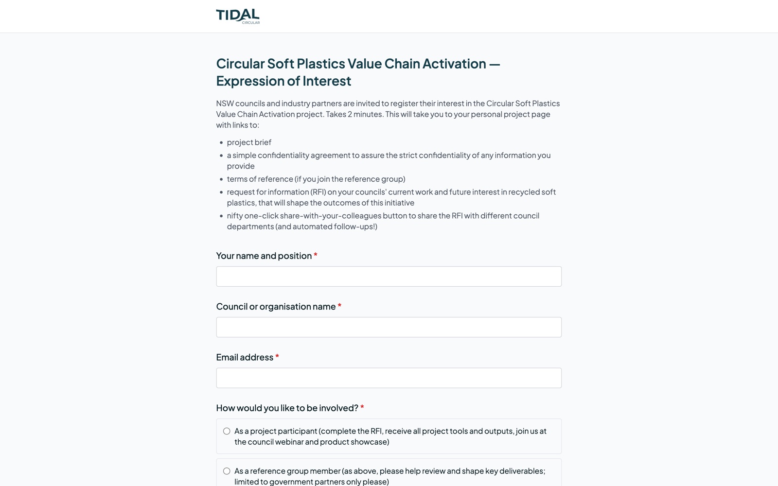 A live Expression of Interest form built by Tidal Circular